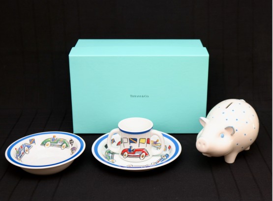 Vintage TIFFANY & CO. Race Cars Baby China And Hand Painted Piggy Bank 4 Pieces