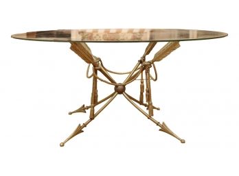 Modern Mid Century Brass Arrow And Tassel Cocktail Table With Painted Glasstop