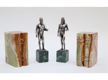 Pair Or Marble Book Ends And Roman God Figurines