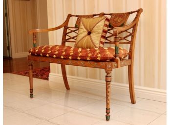 Imported European Hand Painted Floral Bench With Caned Seating