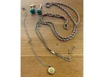 Lot Of Vintage Gold Tone Necklaces, Locket And Shirt Cufflinks