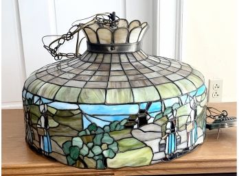 Rare And Incredible Large Vintage Scenic Slag Glass Hanging Lamp