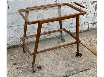 Mid Century Rolling Wooden Bar Cart With Glass Top And Lower Shelf