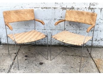 Pair Of Mid Century Wicker And Chrome Armchairs