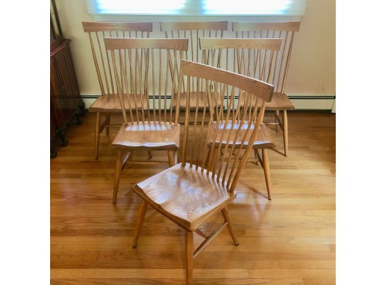 Set Of 6 Oak Contemporary Windsor Dining Chairs - S. Bent & Bros, Gardner MA