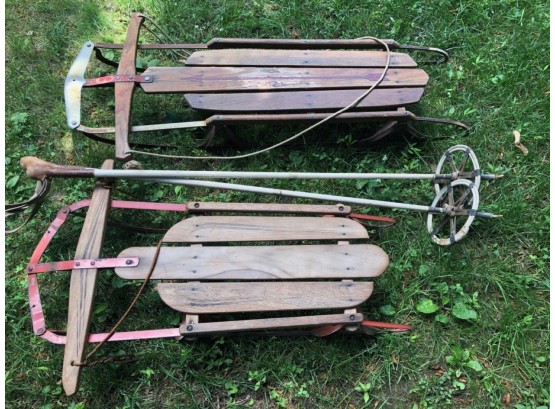 Vintage (very) Flexible Flyer Style Sleds And Ski Poles