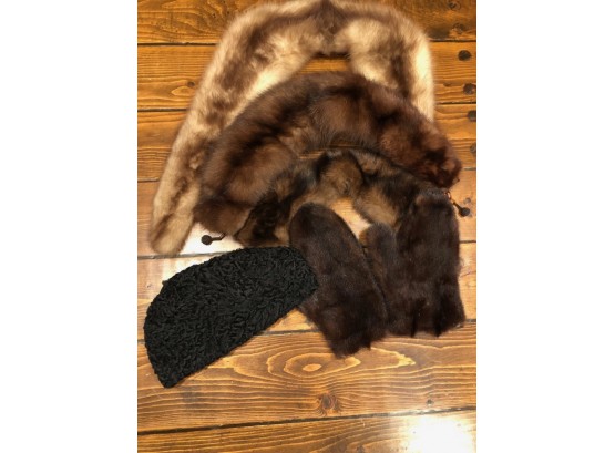 Collection Of Vintage Mink Pieces - Hat, Mittens, Collars