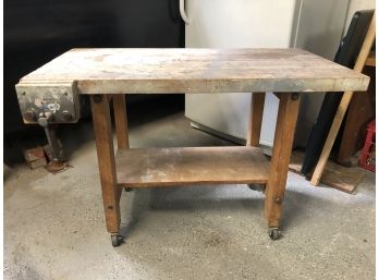 Wood Work Bench With Vice On Wheels