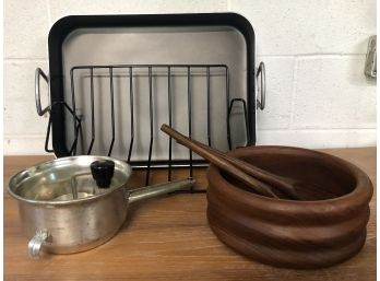 Kitchen Items - Teflon Roasting Pan, Teak Salad Bowl And Food Mill