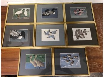 Set Of 8 Brass Framed Shore Bird Prints
