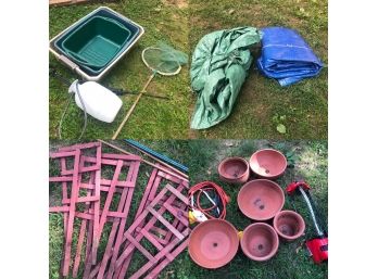 Gardening Necessities - Pots, Tarps, Wood Supports, Tubs For Mixing Soil, Sprinkler And More