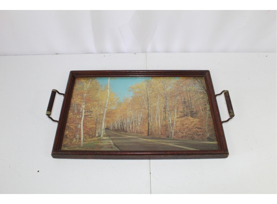 Vintage Serving Tray Wood With Glass And Photo