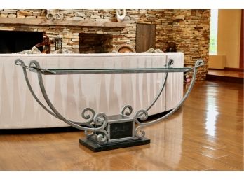 Long Painted Wood Metal And Glass Console Table With Scrolled Upright Demilune  Frame