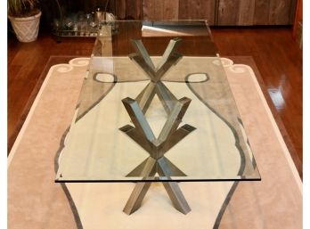 Glass Beveled Rectangular Contemporary Table With Double X  Pedestal Base