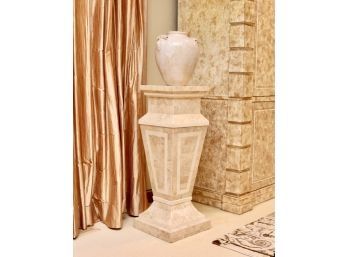 Set Of 2 Faux Marble Tapered Column Pedestal With Pier One Coiled Handle Glazed Vase