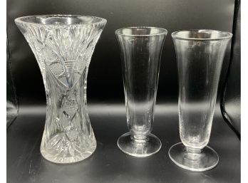 2 Pedestal Vases & Large Pressed Glass Vase