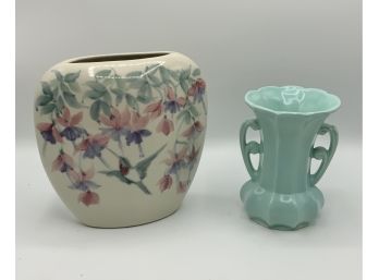 Blue Handled Vase & Signed Floral Vase