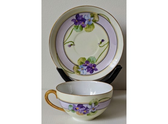 Gorgeous Antique Floral Shades Of Lavender Handpainted Tea Cup And Saucer Stamped Germany