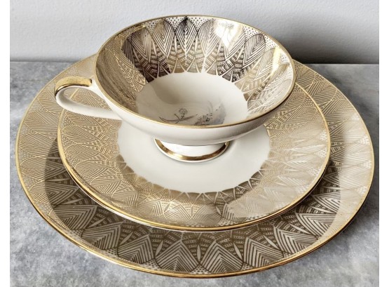 Bavaria Porcelain White & Gold Teacup, Saucer & Plate Set