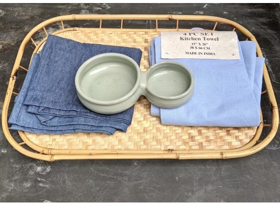 Bamboo Serving Tray, With Brand New Blue Kitchen Towels, Placemats & A 2 Section Serving Bowl From Portugal
