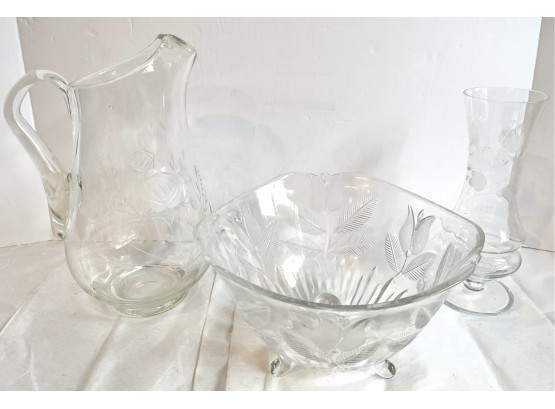 Floral Engraved Crystal Vase, Pitcher & Serving Bowl