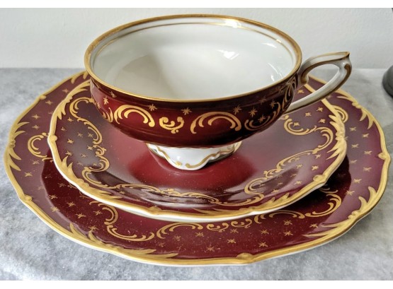 Vintage And Pristine Schierholz  Red And Gold Dessert Plate, Teacup, Saucer For The Serious Collector