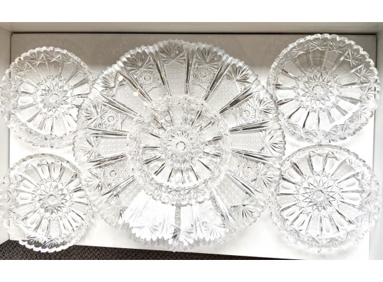 Antique Cut Crystal - Mint Condition, Platter, Crystal Candy Dish & Set Of 5 Smaller Crystal Plates