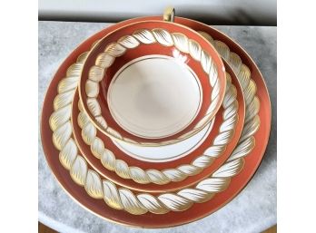 Schaubach Kunst Germany, Very Rare Orange /Gold Dessert Plate, Teacup & Saucer Set