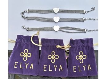 3 ELYA Stainless Steel Heart Mesh Bracelets, Brand New With Their Drawstring Pouch!