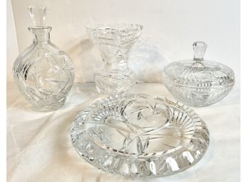 Exquisite Detailed And Finely Cut Antique Crystal Candy Dish, Vase, Decanter & Plate