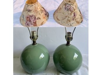 Pair Of Green Ceramic Lamps With Matching Finials & Floral Lampshades