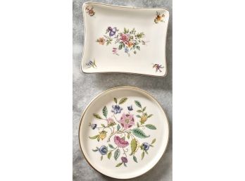 2 Small Matching Floral Dishes With Gold Trim 1 Circular & 1 Square
