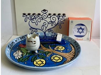 Assortment Of Jewish Themed Items Menorah, Plate, Glass And Golf Game 'put-a-round' With An Israel Flag