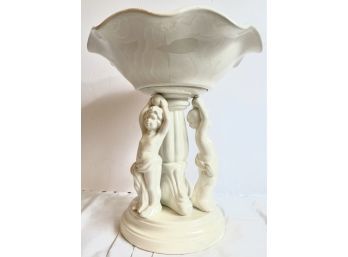 White Pedestal Dish With 3 Victorian Style Cherubs - Ceramic Reproduction