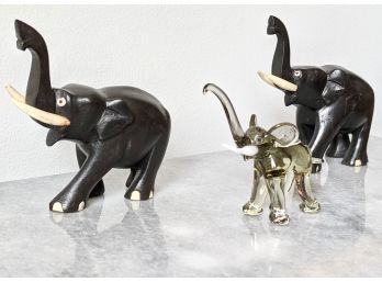 Vintage Ebony Wood 2 Elephant Figurines With Ivory Tusks & Detailing & 1 Glass Small Elephant Figurines