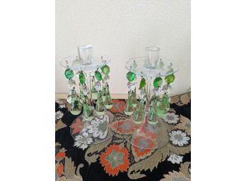 Vintage Green And Clear Glass Tear Drop Crystals Surround These Candle Holders