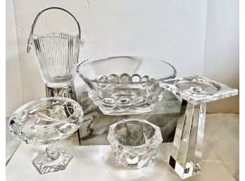 Striking Lot Of Mostly Modern Cut Crystal Includes Orrefors Bowl And Small Ice Bucket /Silver Plated Handle