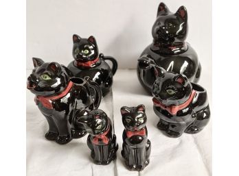 Vintage Shafford Redware Black Cat Collection, Including A Set Of Salt And Pepper Shakers