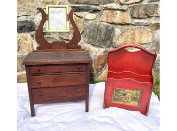 Uber Cool Antiques Red Wooden Magazine Rack & Small Vanity With Functional Drawers