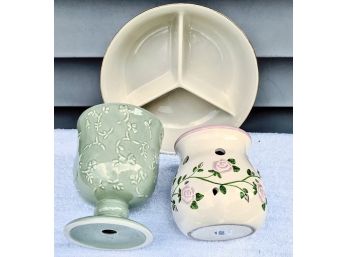 3 Section Lenox Bowl & 2 Ceramic Decor Pieces... 1 Is A Wax Warmer