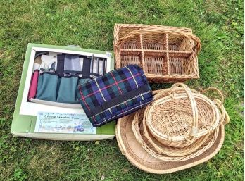 Assortment Of 5 Wicker Baskets, A Garden Tool Set & A Flannel Blanket