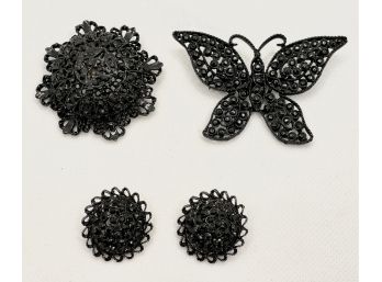 2 Elegant Black Pins & A Pair Of Matching Clip-on Earrings
