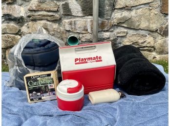 Lot Of Assorted Camping Gear Sleeping Bags, Cooler, Cooking Pans And, Water Bottles