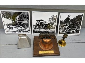 3 Vintage Bells, Including Limited Edition Bicentennial Liberty Bell Plus Currier & Ives Tiles