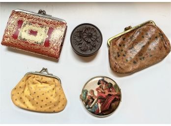 3 Vintage Coin Purses, A Vintage Decorative Pocket Mirror & A Small Floral Trinket Box