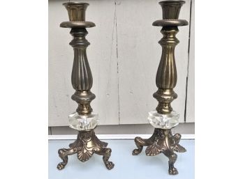 Pair Of  Antique Or Vintage Brass Footed Candle Stick Holders With Cut Glass