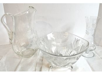 Floral Engraved Crystal Vase, Pitcher & Serving Bowl
