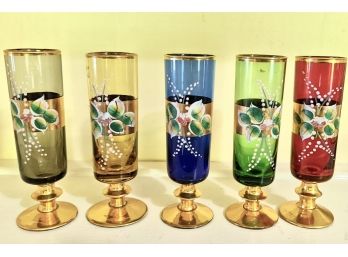 5 Vintage Colored Glass, Hand Painted, Flute Glasses
