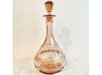 Gorgeous Antique Decanter Rose Colored Glass With Amber Stopper & Gold Tinted Etching Looks Victorian