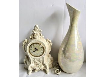 Iridescent Vase & White Clock